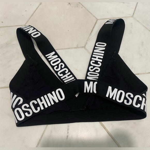 Moschino Black Logo Elastic Triangle Bralette with Iridescent Rhinestones - Picture 2 of 2